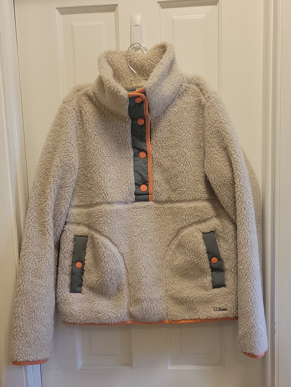 L.L. Bean Cream Sherpa Pullover with Army Green and Orange Trim